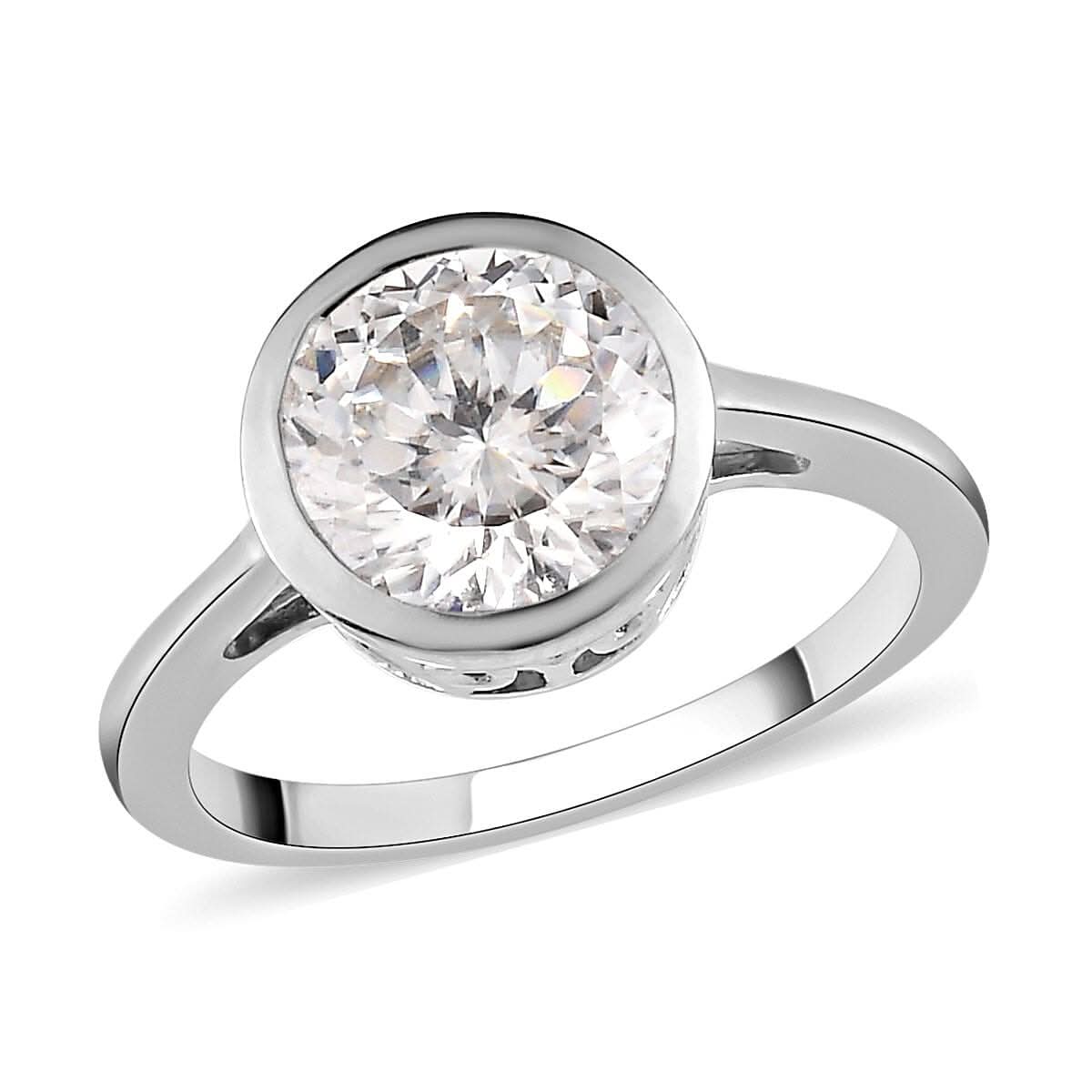 One Time Only 100 Facet Moissanite (Rnd 8mm) Solitaire Ring in Platinum Over Sterling Silver (Size 8.0) 1.90 ctw