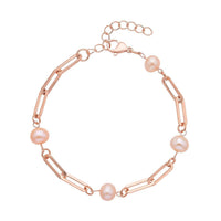 White Freshwater Pearl Paper Clip Chain Station Bracelet in Stainless Steel (7.50-9In)
