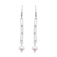 White Freshwater Pearl Paper Clip Chain Earrings in Stainless Steel