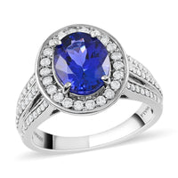 Certified RHAPSODY 950 Platinum AAAA Tanzanite, Diamond (E-F, VS) (0.63 cts) Halo Ring (Size 10.0) (Approx 9.0 g Platinum) 3.50 ctw