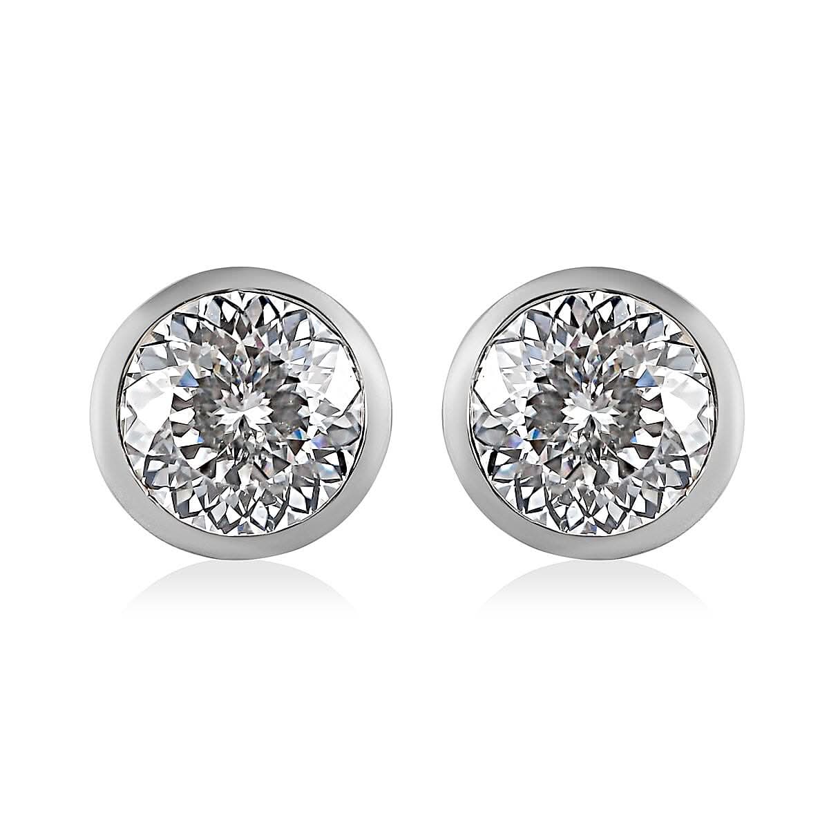 One Time Only 100 Facet Moissanite (Rnd 6.5mm) Solitaire Stud Earrings in Platinum Over Sterling Silver 1.90 ctw