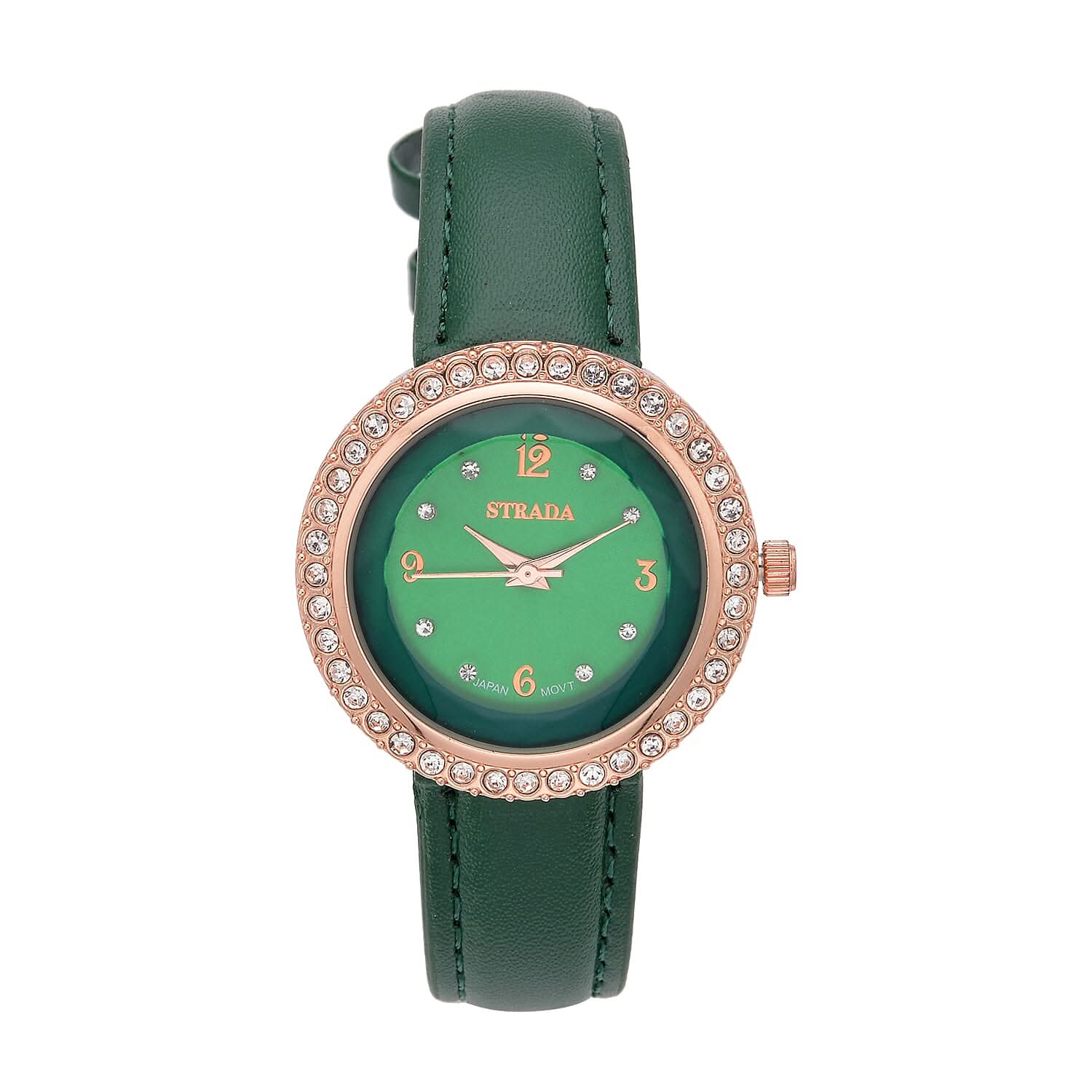Strada Austrian Crystal Japanese Movement Green Cutting Glass Dial Watch in Dark Green Faux Leather Strap (33mm)