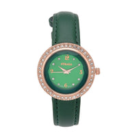 Strada Austrian Crystal Japanese Movement Green Cutting Glass Dial Watch in Dark Green Faux Leather Strap (33mm)