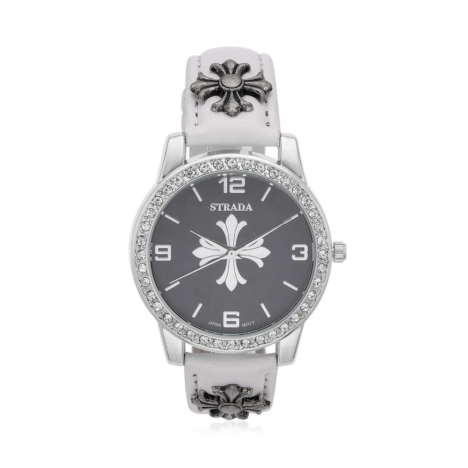 Strada Austrian Crystal Japanse Movement Black Dial Watch with White Faux Leather Strap and Cross Charm