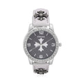 Strada Austrian Crystal Japanse Movement Black Dial Watch with White Faux Leather Strap and Cross Charm - Sticky add to cart bar