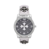 Strada Austrian Crystal Japanse Movement Black Dial Watch with White Faux Leather Strap and Cross Charm