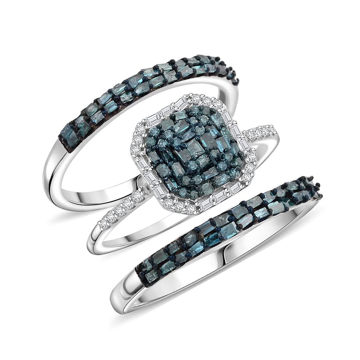 Doorbuster Blue Diamond (IR), White Diamond Ring in Rhodium & Platinum Over Sterling Silver (Size 10.0) 1.00 ctw