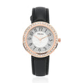 Strada White Austrian Crystal Japanese Movement Watch in Rosetone with Black Faux Leather Strap (35.56mm) (6.50-8.00 Inches) - Sticky add to cart bar