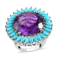 Premium Amethyst and American Natural Sleeping Beauty Turquoise Halo Ring in Platinum Over Sterling Silver 9 Grams 32.65 ctw