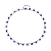 Simulated Blue Sapphire and White Austrian Crystal Necklace 20-22 Inches in Silvertone