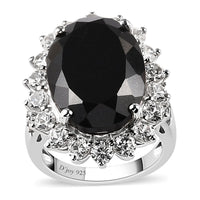Australian Black Tourmaline and Natural White Zircon Sunburst Ring in Platinum Over Sterling Silver 18.90 ctw