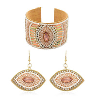 Glass Seed Beaded Cuff Bracelet and Earrings in Goldton