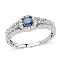 Blue and White Diamond Cocktail Ring in Rhodium & Platinum Over Sterling Silver 1.00 ctw