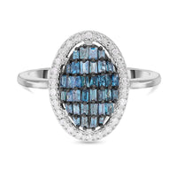 Blue Diamond (IR), Diamond Elongated Ring in Rhodium & Platinum Over Sterling Silver (Size 10.0) 0.50 ctw
