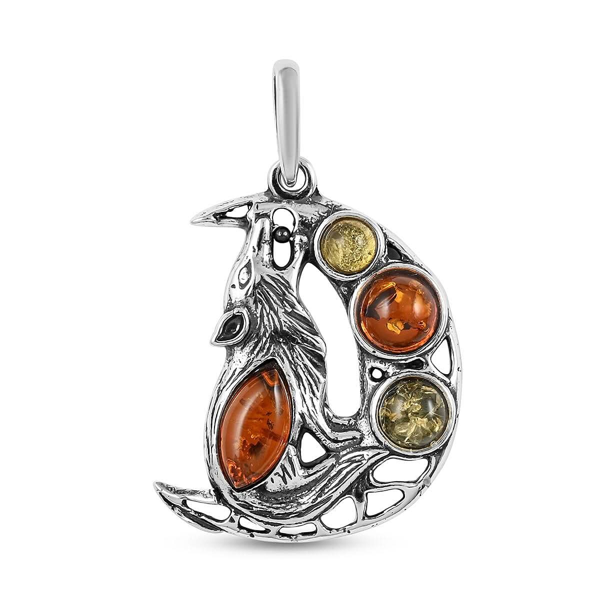 Multi Color Amber Howling Wolf and Moon Pendant in Sterling Silver
