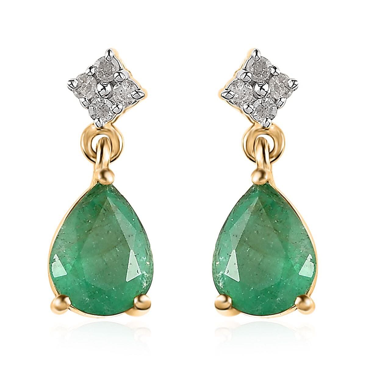 Brazilian Emerald and Diamond Drop Earrings in Vermeil Yellow Gold Over Sterling Silver 2.10 ctw