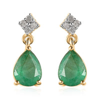 Brazilian Emerald and Diamond Drop Earrings in Vermeil Yellow Gold Over Sterling Silver 2.10 ctw