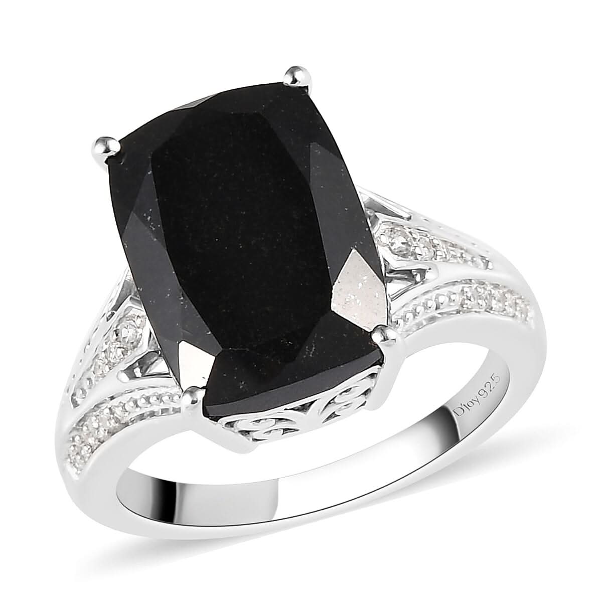 Australian Black Tourmaline and Natural White Zircon Split Shank Ring in Platinum Over Sterling Silver 7.65 ctw