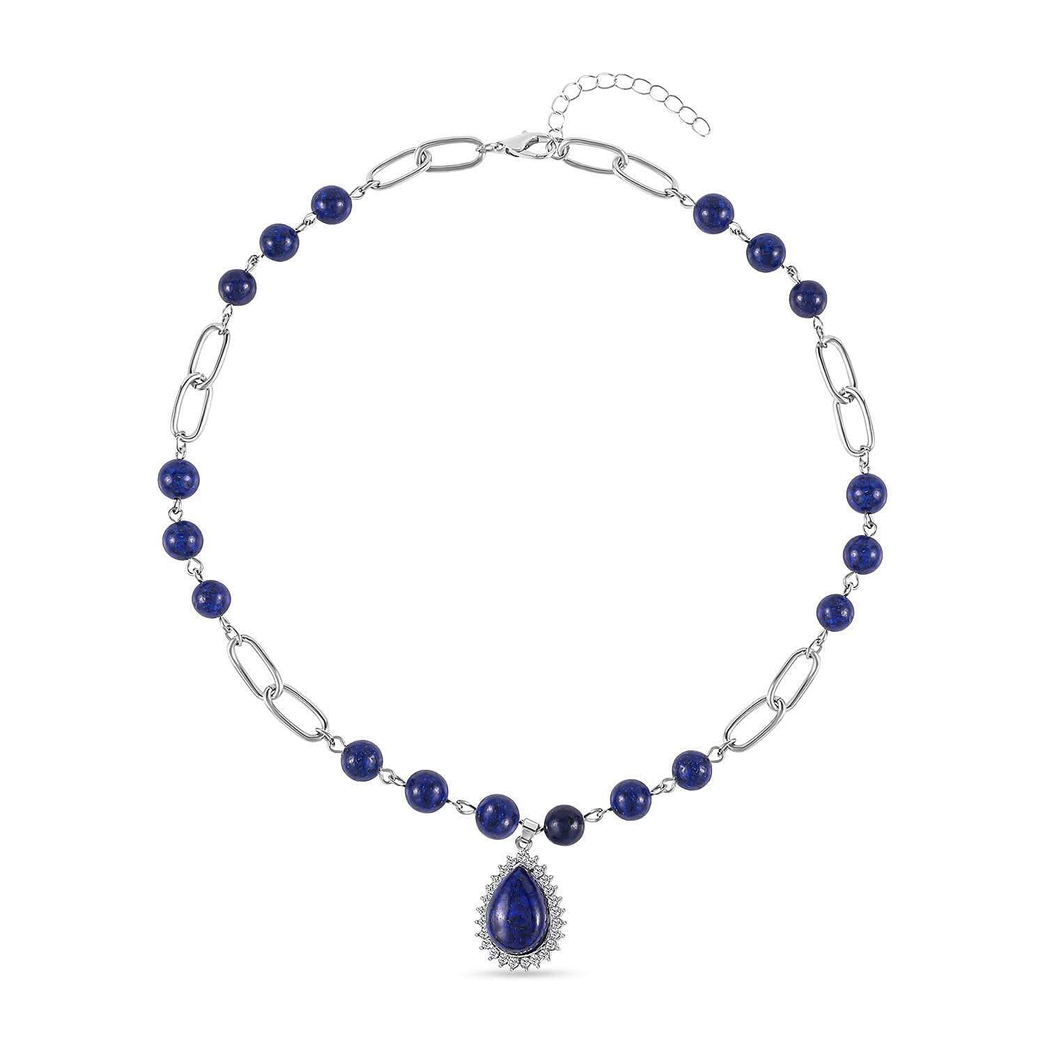 Lapis Lazuli and Austrian Crystal Paper Clip Chain Necklace 18-20 Inches in Silvertone 83.00 ctw