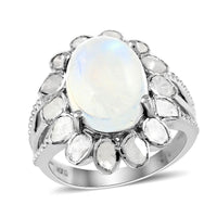 Doorbuster White Moonstone and Polki Diamond Flower Ring in Sterling Silver 7.10 Grams 8.30 ctw
