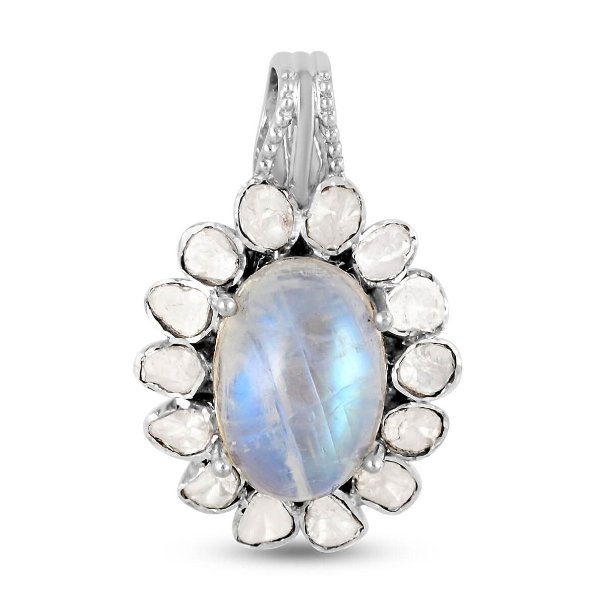 Doorbuster White Moonstone and Polki Diamond Flower Pendant in Sterling Silver 8.30 ctw