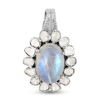 Doorbuster White Moonstone and Polki Diamond Flower Pendant in Sterling Silver 8.30 ctw