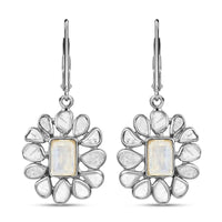 Doorbuster White Moonstone and Polki Diamond Flower Earrings in Sterling Silver 2.00 ctw