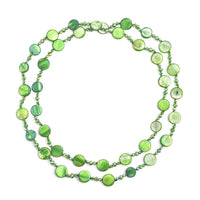 Yellow Shell Pearl Coin, Champagne and White Glass Beaded Necklace 47 Inches