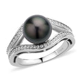 Tahitian Cultured Pearl and Natural White Zircon Split Shank Ring in Rhodium Over Sterling Silver (Size 10.0) 0.50 ctw - Sticky add to cart bar