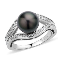 Tahitian Cultured Pearl and Natural White Zircon Split Shank Ring in Rhodium Over Sterling Silver (Size 10.0) 0.50 ctw