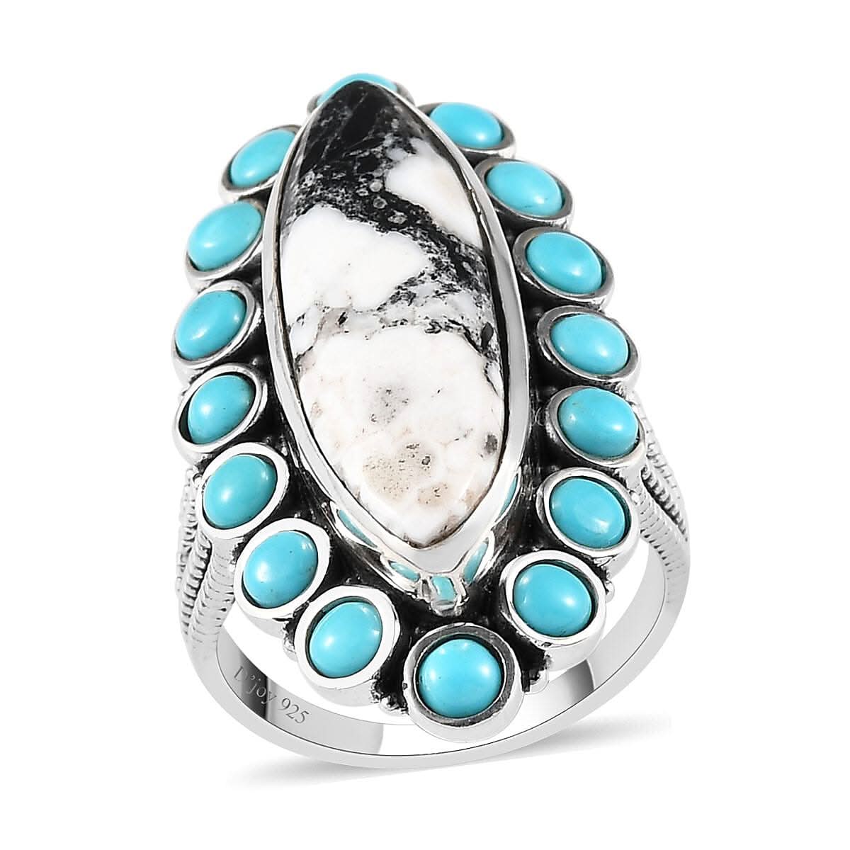 American Natural White Buffalo, Mexican Turquoise Halo Ring in Sterling Silver (Size 6.0) (7.35 g) 10.00 ctw