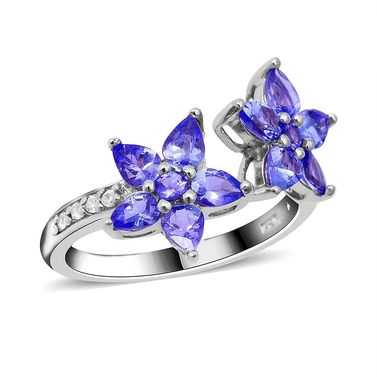 Tanzanite and Natural White Zircon Floral Bypass Ring in Sterling Silver 1.80 ctw