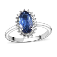 Kashmir Kyanite and Natural White Zircon Halo Ring in Platinum Over Sterling Silver 1.75 ctw