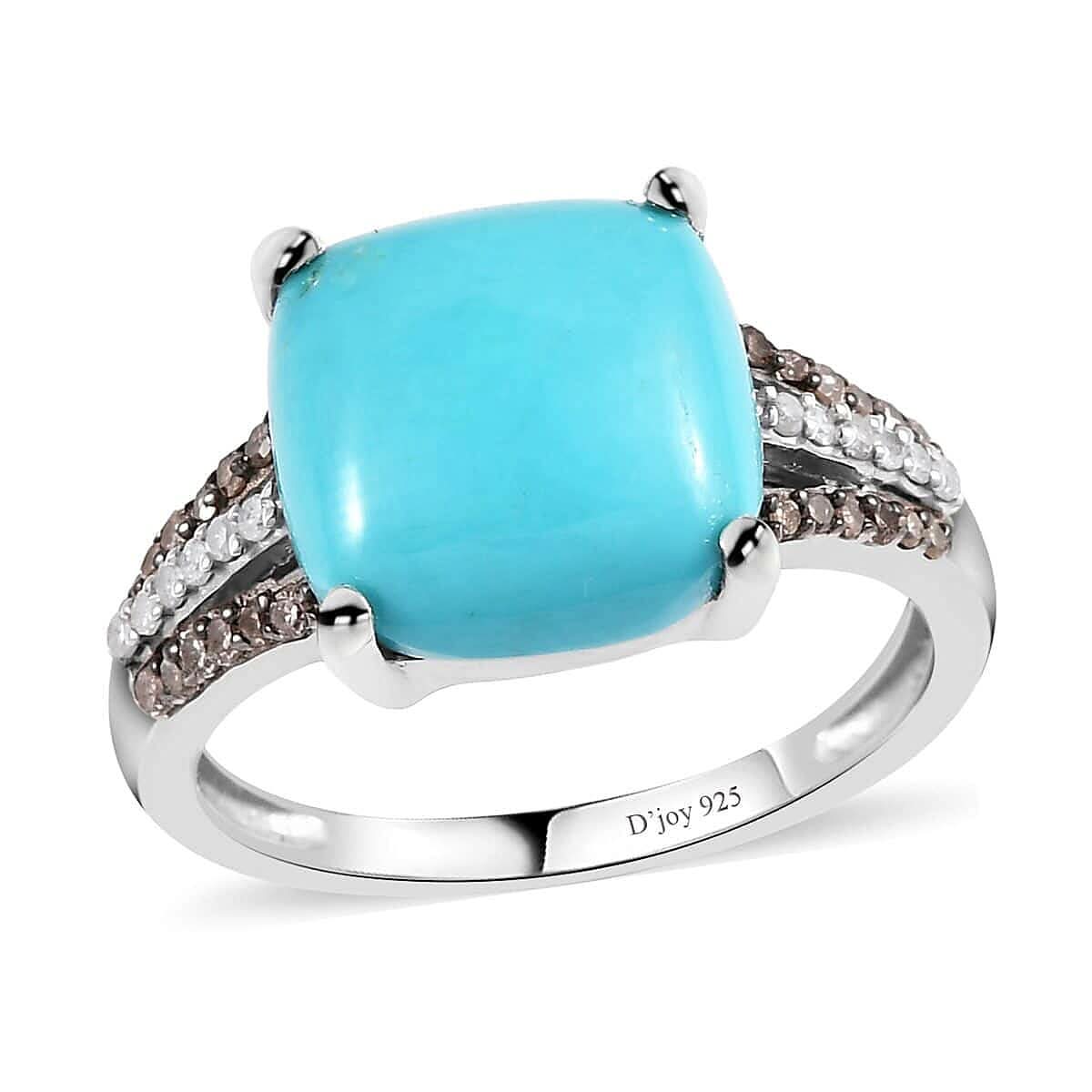 American Natural Sleeping Beauty Turquoise, Natural Champagne and White Diamond Ring in Platinum Over Sterling Silver 5.00 ctw
