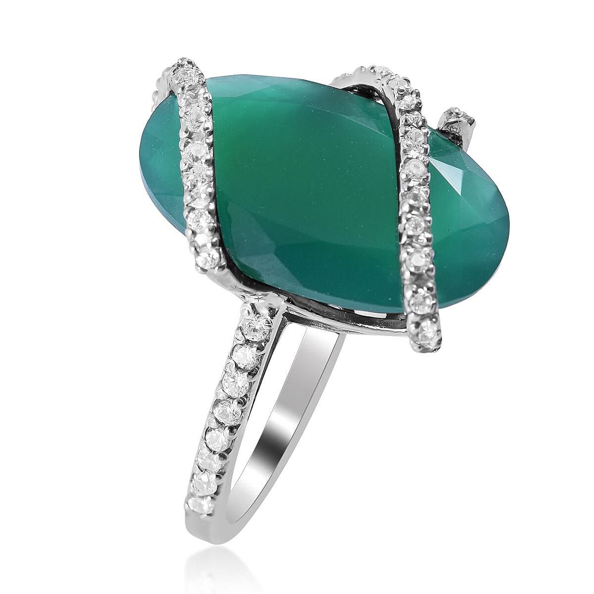 Verde Onyx and Natural White Zircon Ring in Platinum Over Sterling Silver 10.90 ctw