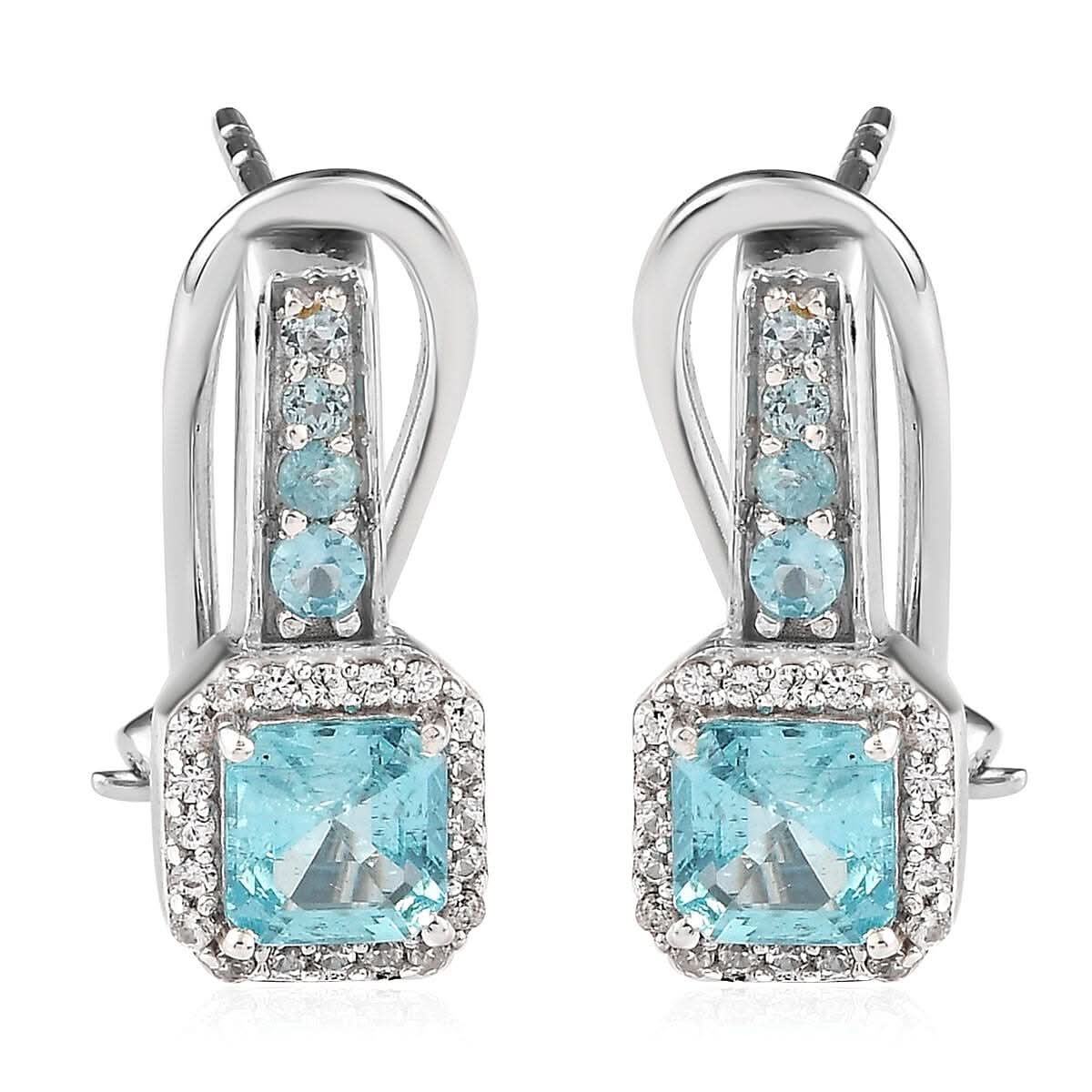 Madagascar Paraiba Apatite and White Zircon Earrings in Platinum Over Sterling Silver 2.00 ctw