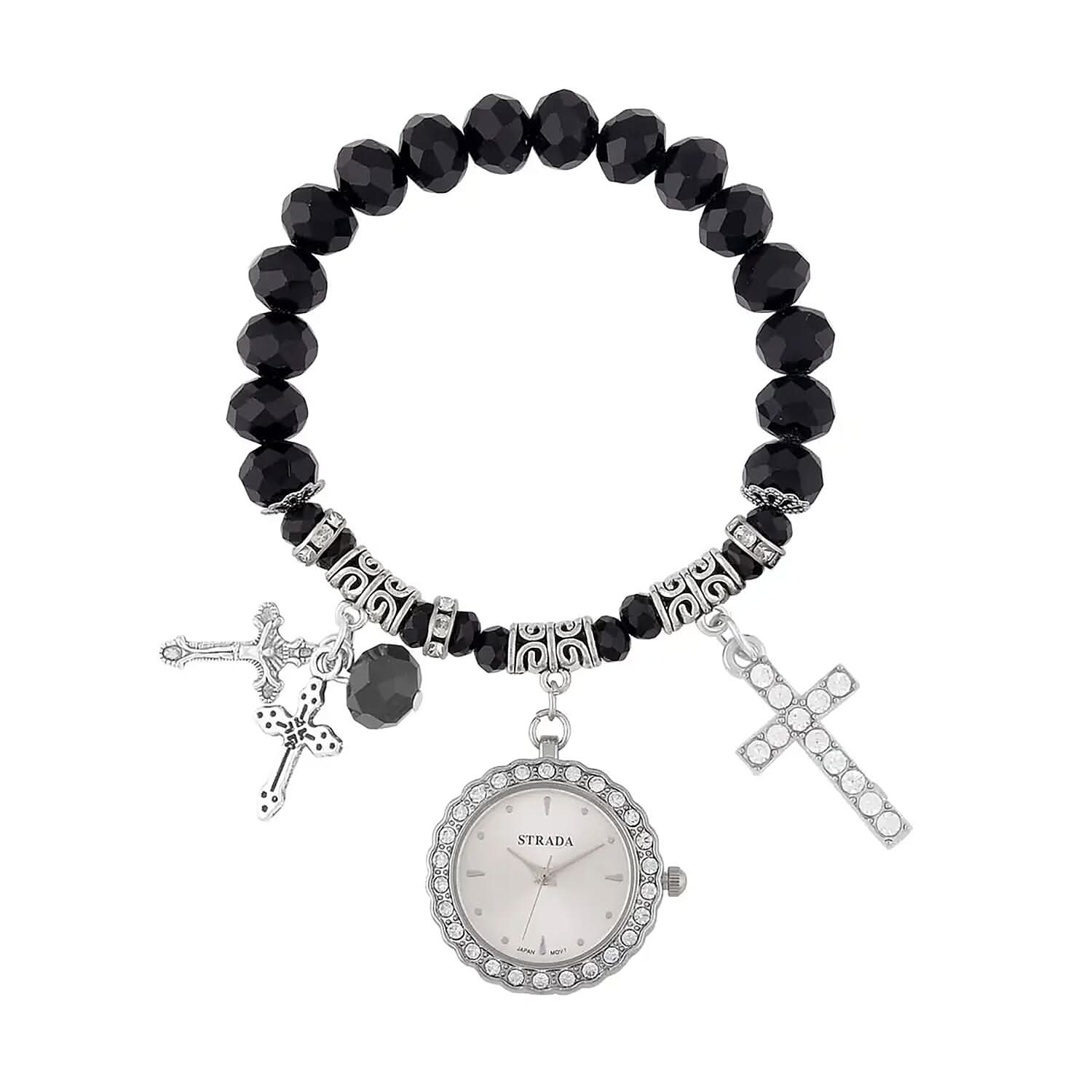 Strada Japanese Movement white Austrian Crystal and Gray Glass Beaded Stretch Bracelet Watch in Silvertone with Cross Charm (6.50-7 In) (27.95 mm)