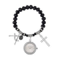 Strada Japanese Movement white Austrian Crystal and Gray Glass Beaded Stretch Bracelet Watch in Silvertone with Cross Charm (6.50-7 In) (27.95 mm) - Sticky add to cart bar