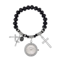Strada Japanese Movement white Austrian Crystal and Gray Glass Beaded Stretch Bracelet Watch in Silvertone with Cross Charm (6.50-7 In) (27.95 mm)