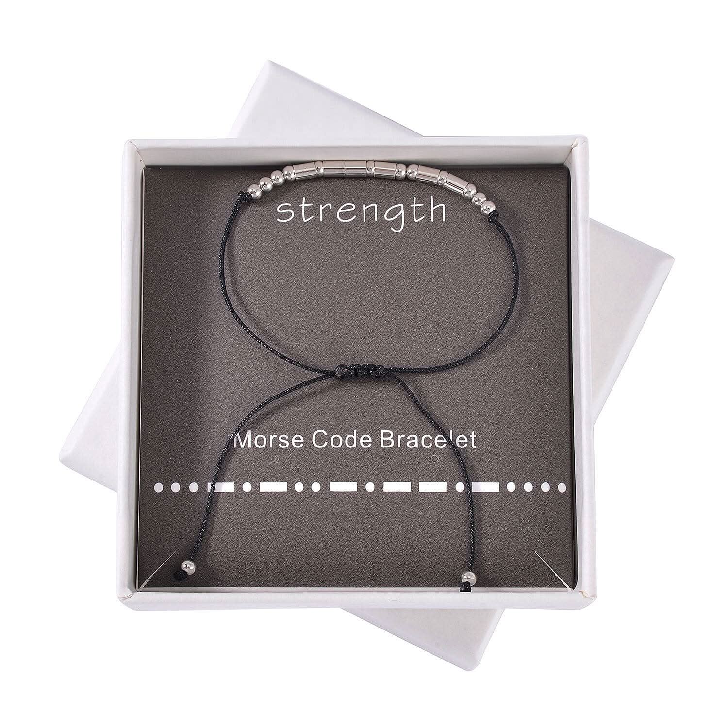 Rhodium Over Sterling Silver Bolo Strength Morse Code Bracelet in Black Cord (Adjustable)