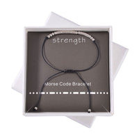 Rhodium Over Sterling Silver Bolo Strength Morse Code Bracelet in Black Cord (Adjustable)