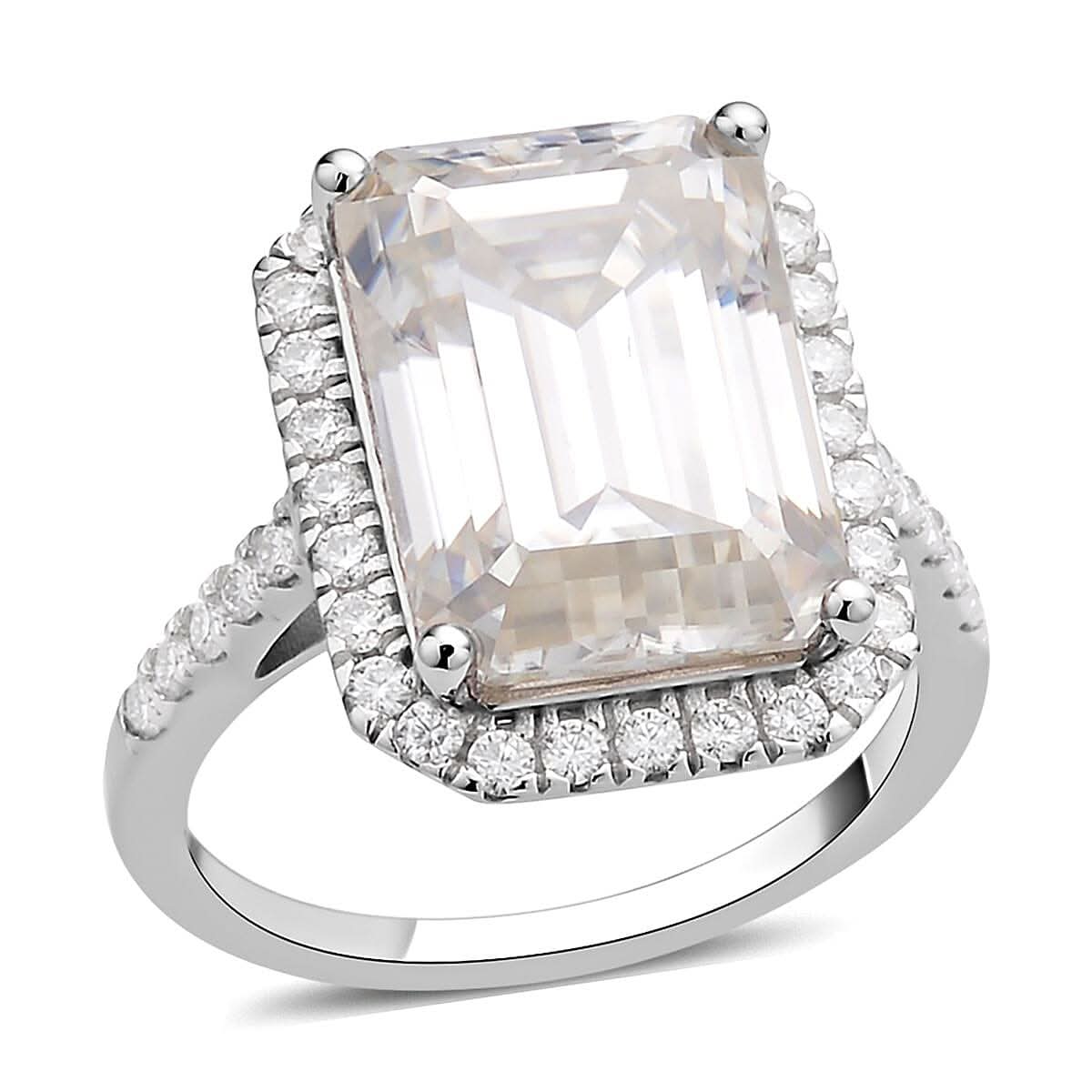 Emerald Cut Moissanite Ring in Platinum Over Sterling Silver 9.40 ctw