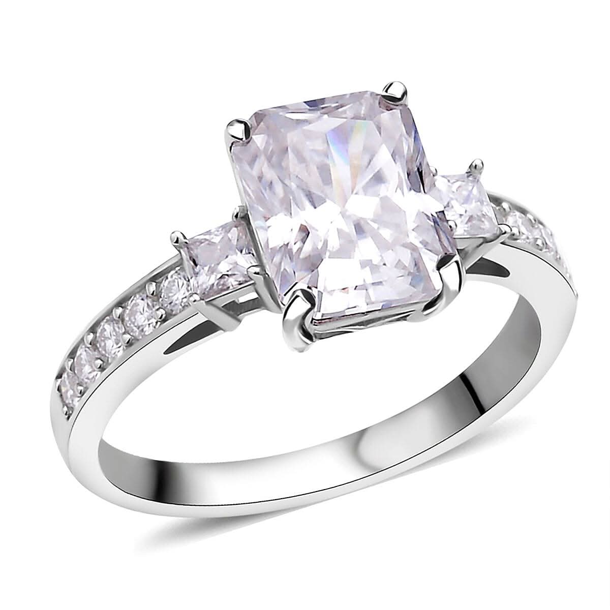 Radiant Cut Moissanite Ring in Platinum Over Sterling Silver (Size 7.0) 3.75 ctw