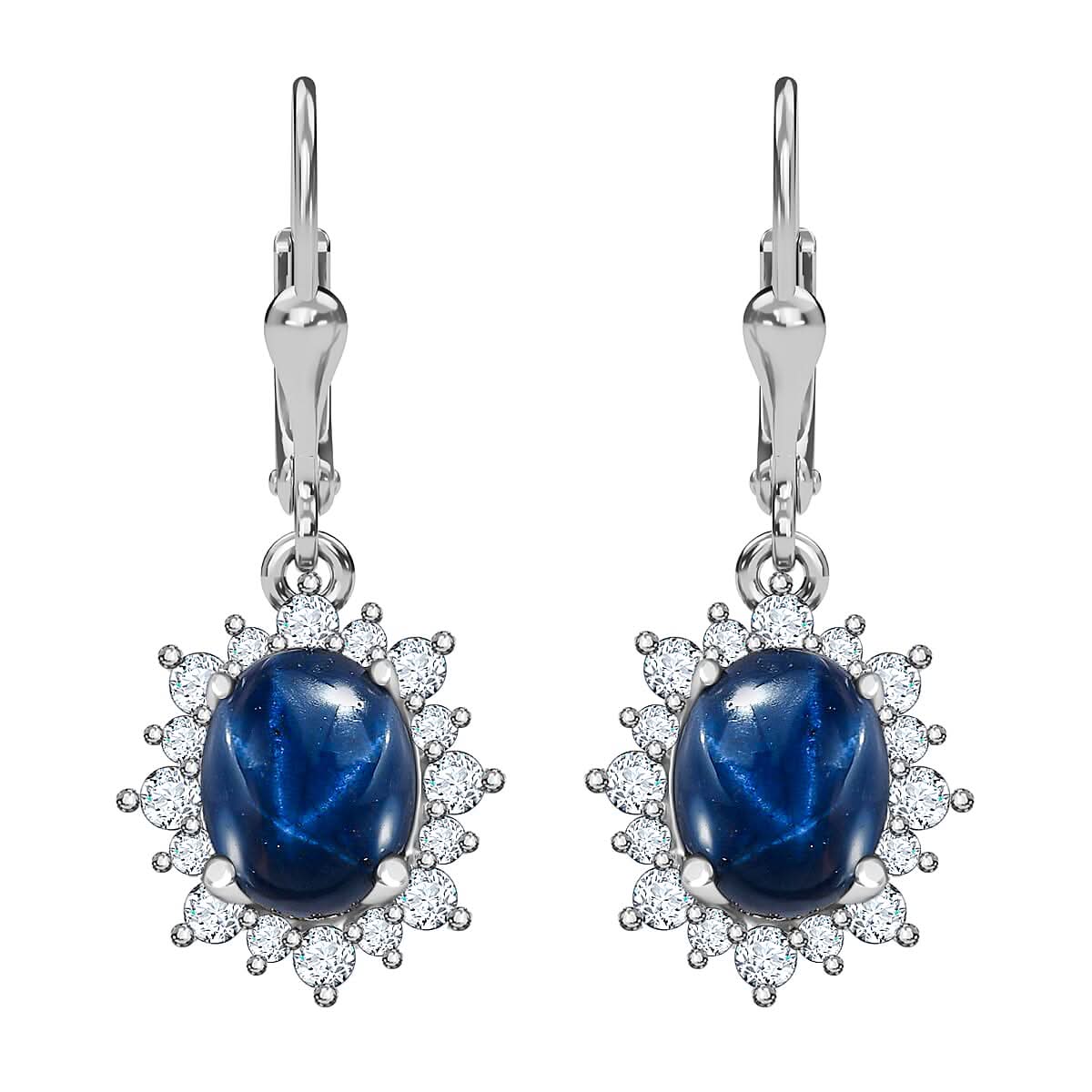 Premium Thai Blue Star Sapphire and Moissanite Sunburst Dangle Earrings in Platinum Over Sterling Silver 6.15 ctw