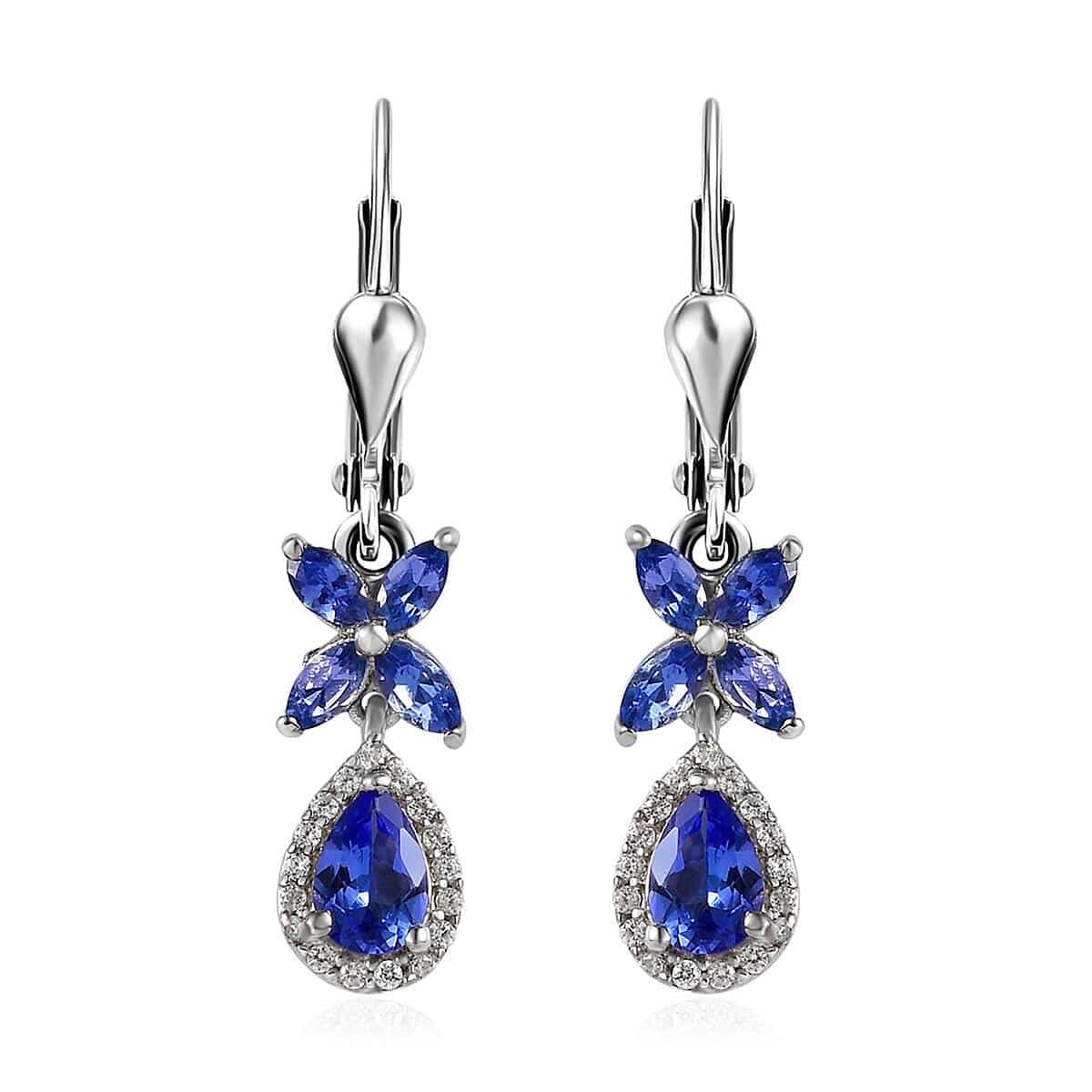 AAA Tanzanite and White Zircon Lever Back Earrings in Platinum Over Sterling Silver 1.85 ctw