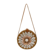 Brown Handcrafted Rounded Rattan Crossbody Bag (7.87"x7.87"x2.76") with Leather Strap