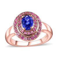 AAA Tanzanite and Madagascar Pink Sapphire Double Halo Ring in Vermeil Rose Gold Over Sterling Silver 1.30 ctw