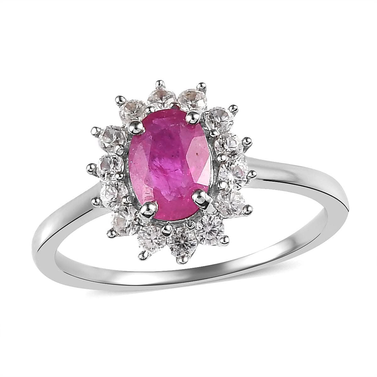 Premium Montepuez Ruby and Natural White Zircon Sunburst Ring in Platinum Over Sterling Silver 1.30 ctw