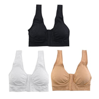 Miracle Bamboo Beyond Comfort Bra Set of 3 Front Closure Bras - Black, Beige and White - Size L