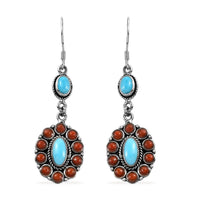 Artisan Crafted Sleeping Beauty Turquoise and Mediterranean Coral Earrings in Sterling Silver 6.10 ctw